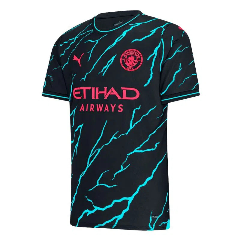 Camisa Oficial Manchester City III 23/24 Masculina Preto Azul Rosa